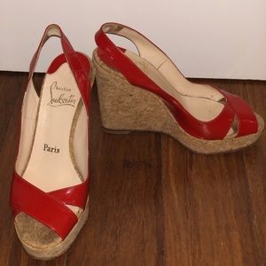 Louboutin Red Marpoil Patent Leather Cork Wedges